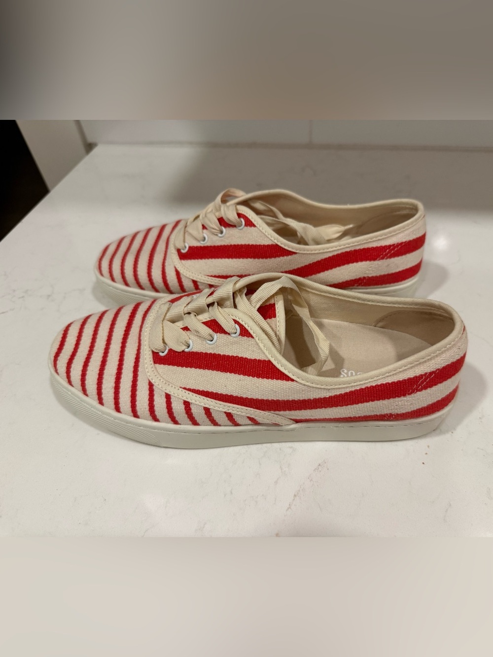Soludos Red and Cream Striped Canvas Sneakers Marin Stripe Poppy Red Canvas